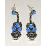 a pair of silver marcasite and blue opal Art Deco style drop earrings