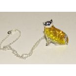 Impressive silver CZ and citrine Brooch in the form of a cat on a silver chain