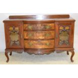 Art Nouveau mahogany side board on cabriole legs, glass doors and cutlery trays. 96 x 150 x 51cm