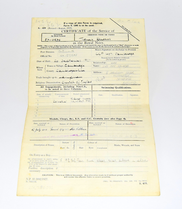 A WW2 Royal Navy Certificate of Service named to Thomas Frederick Edwards with his service medals - Image 6 of 7