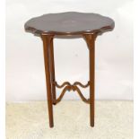 Mahogany side table with Marquetry inlay on tapered supports and splayed cross member. 67 x 55 x