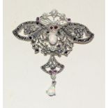 Silver Art Nouveau style plique a jour butterfly brooch with opal drop