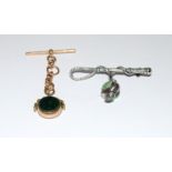 9ct bloodstone swivel watch fob 9g with a whip brooch containing a green stone