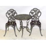 Black cast metal garden table and two chairs