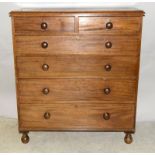 2/4 mahogany chest of drawers on ball feet. 120 x 107 x 48cm