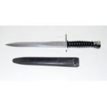 A clean Swiss model 57 double edged bayonet in its scabbard. 24cms blade length