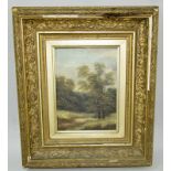 Gilt frame oil on board of a woodland scene C1900 35x30cm