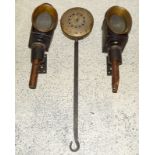 Pair of brass coach lamps and a chestnut roaster