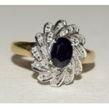 9ct gold ladies diamond and sapphire cluster ring size O