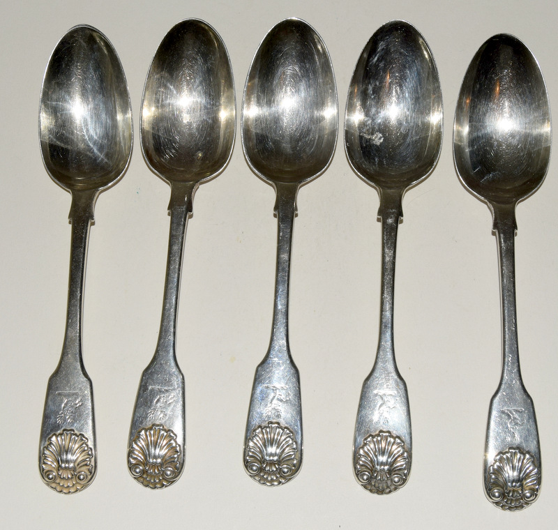 5 Georgian silver dessert spoons with stag head motif by John Henry Lias 1847