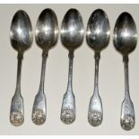 5 Georgian silver dessert spoons with stag head motif by John Henry Lias 1847