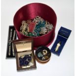 Velvet box containing costume jewellery and watches