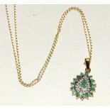 9ct gold ladies Emerald and Diamond pendant and chain