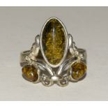 Silver fashion ring with Amber setting size Q