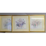 Celia Russell. 3 signed floral prints. 75 x80cm