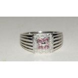 9ct white gold Ladies ruby and diamond edge ring size U