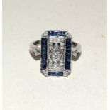 9ct white gold sapphire and diamond Art Deco style ring. Size N