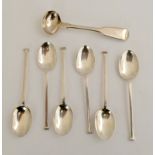 6 Silver salt spoons and one silver mustard spoon. 45g