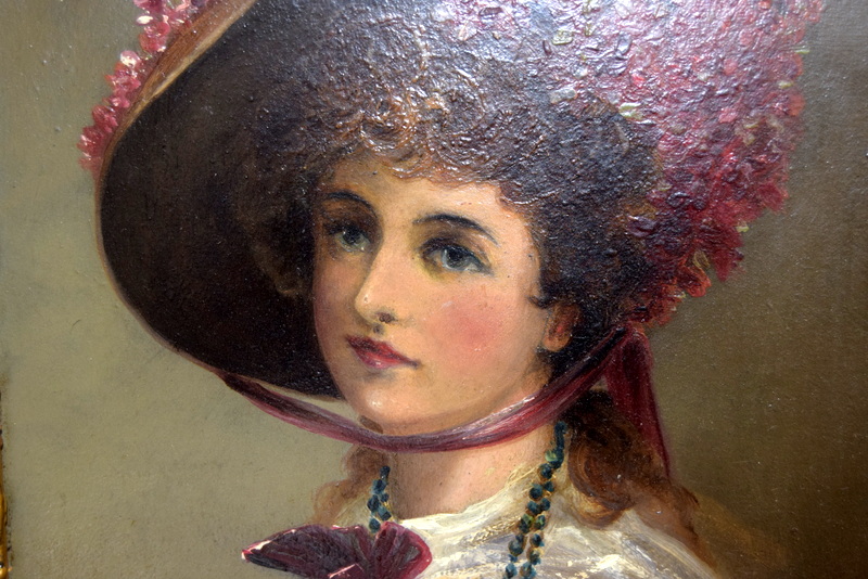 Oil on board of a lady in a bonnet 36 x 37cm - Image 3 of 6