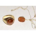 9ct gold gents Tigers Eye ring size T & 9ct Gold necklace with seal