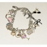 Silver charm bracelet and 12 charms