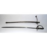 A Victorian Swiss model 1867 Cavalry troopers sword in its steel scabbard with leather hanger.