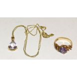 9ct gold amethyst ring and a 9ct gold amethyst and diamond shoulder necklace
