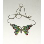 Silver plique a jour butterfly necklace on silver chain