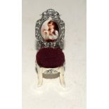 Silver chair with enamel plaque in the form of a pin cushion