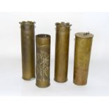 Four pieces of WW1 trench art - A matching pair of vases 34cms x 8.5cms - a hanging gong 29cms x
