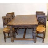 Oak Drawer leaf table with 6 rattan seat chairs. 75 x 272 x 104cm