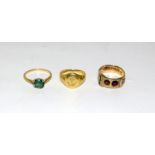 18ct gold emerald ring, 18ct gold signet ring and a 9ct gold ruby ring