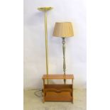 Teak magazine rack and two standard lamps
