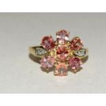 9ct gold Ladies pink topaz diamond shoulder cluster ring size N