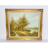 Gilt framed woodland scene oil. 75 x 65cm