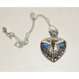 Pretty silver heart shaped locket with Dragonfly motif on silver chain