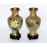 Pair of Chinese Cloisonne vases. Bird and Flower decoration. Rim of one out of shape but not