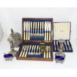 Boxed fish knives & forks. Silver handled butter knives, silver plated candle sticks and pewter