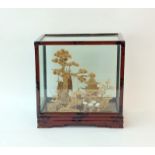 Glass case Chinese cork carving of pagoda with tree and herons 28x28x18cm