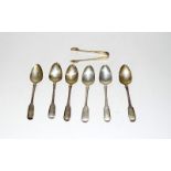 6 silver teaspoons London 1840, Silver sugar tongs Birmingham 1928