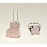 Ladies pink quarts ring together a pink quarts teddy bear necklace