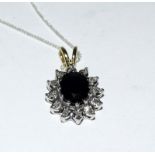 White gold sapphire and diamond daisy style pendant necklace