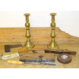 Vintage Woodworking tools to include leather wind up tape, wood Rabone and Victorian candlesticks
