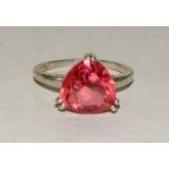 Silver fashion ring with pink solitaire set stone size T