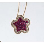 18ct Rose gold ruby & diamond clover leaf style pendant on gold chain