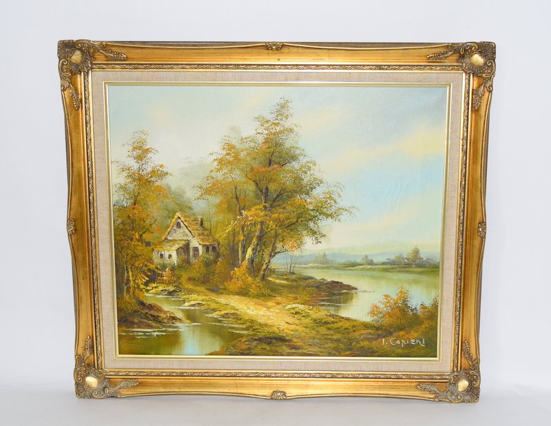 Gilt framed woodland scene oil. 75 x 65cm