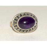 Silver fashion ring antique set amethyst centre stone size L