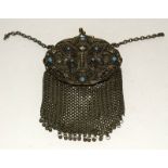 Art Nouveau chain mail Chatelaine purse with central butterfly & 8 turquoise cabuchon. With original