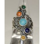 Silver fashion ring with Turquoise and semi precious stones size P