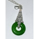 Silver CZ and jade Art Deco style pendant necklace